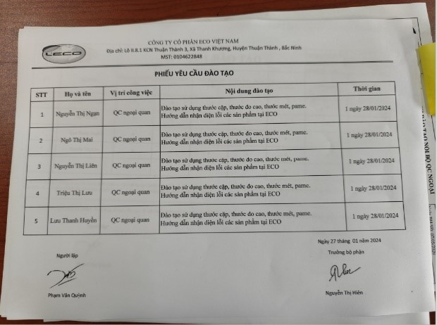 Training Request at Eco Viet Nam Joint Stock Company